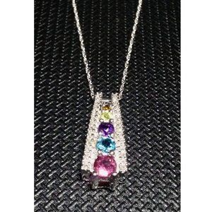 Solid 10k W.  Gold Gemstones Diamonds Necklace 18"